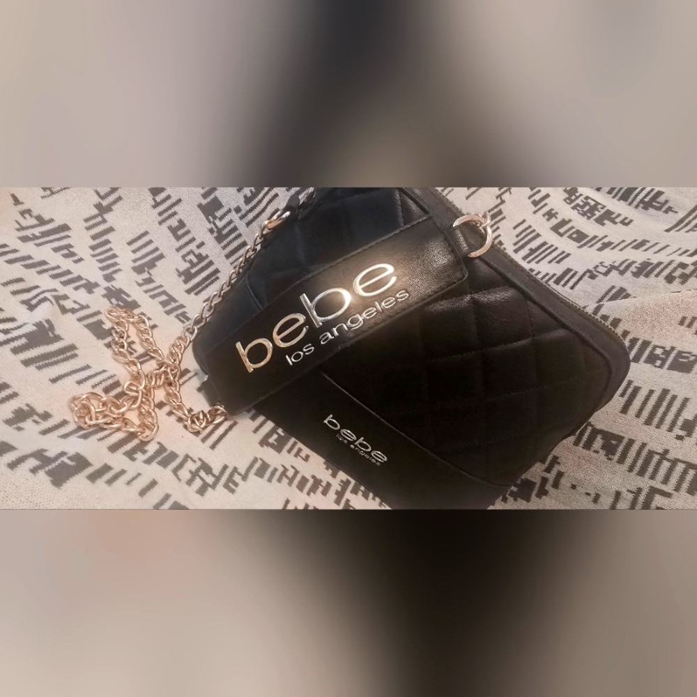 Bebe Quilted Black Crossbody with Gold Chain